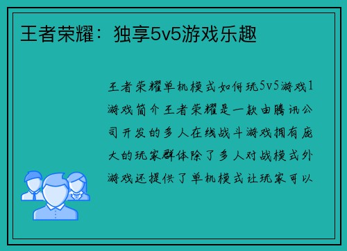 王者荣耀：独享5v5游戏乐趣